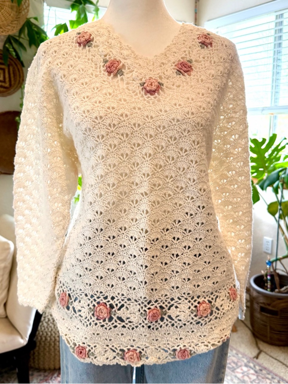 Vintage Cream V-Neck Crochet Sweater with Pink Rose Embroidery CottageCore